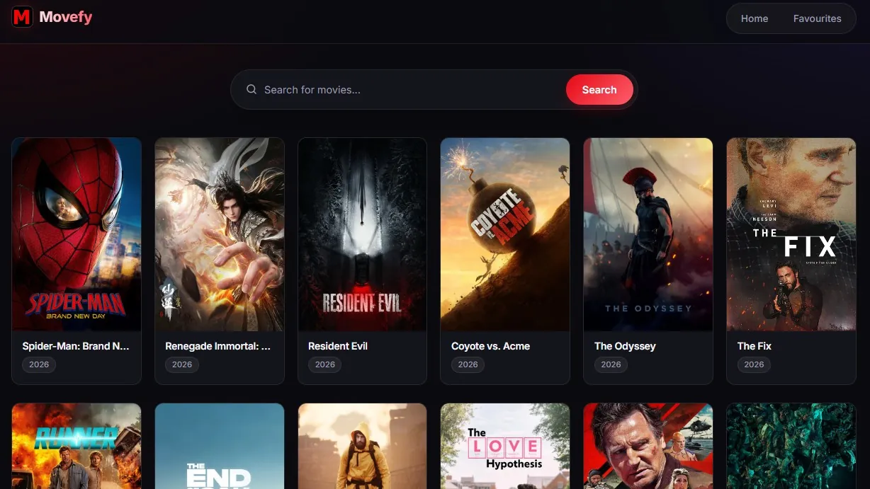 Movefy home page with a search bar above a grid of popular movie posters