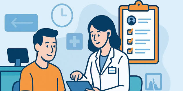 Illustration of a doctor going through a patient's records on a tablet